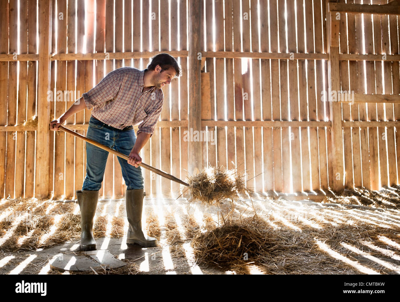 Farmer cleaning straw Stock Photo