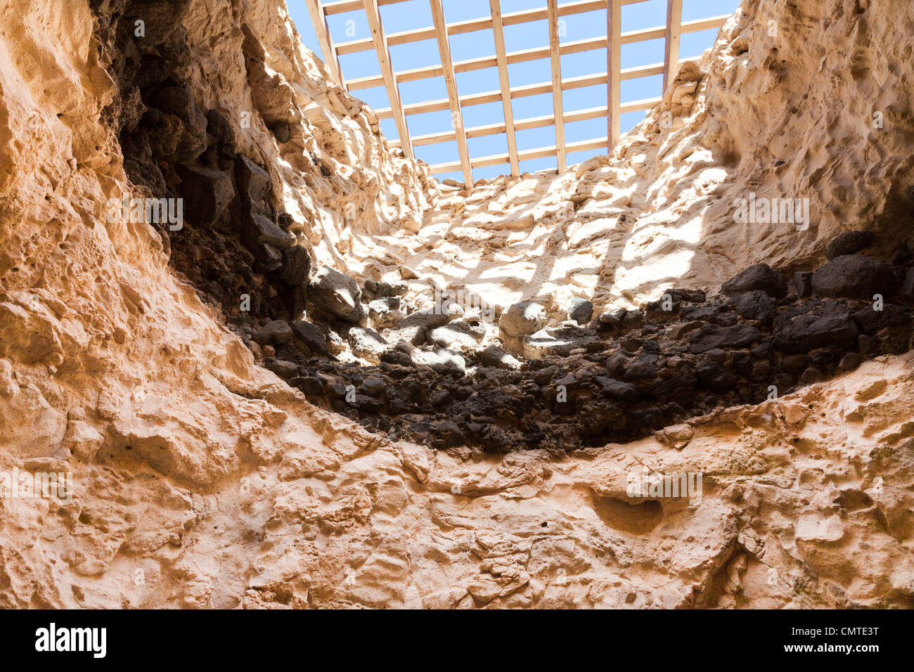 Looking upwards inside an old lime kiln at the seaside village of Ajuy, Fuerteventura, Canary Islands Stock Photo