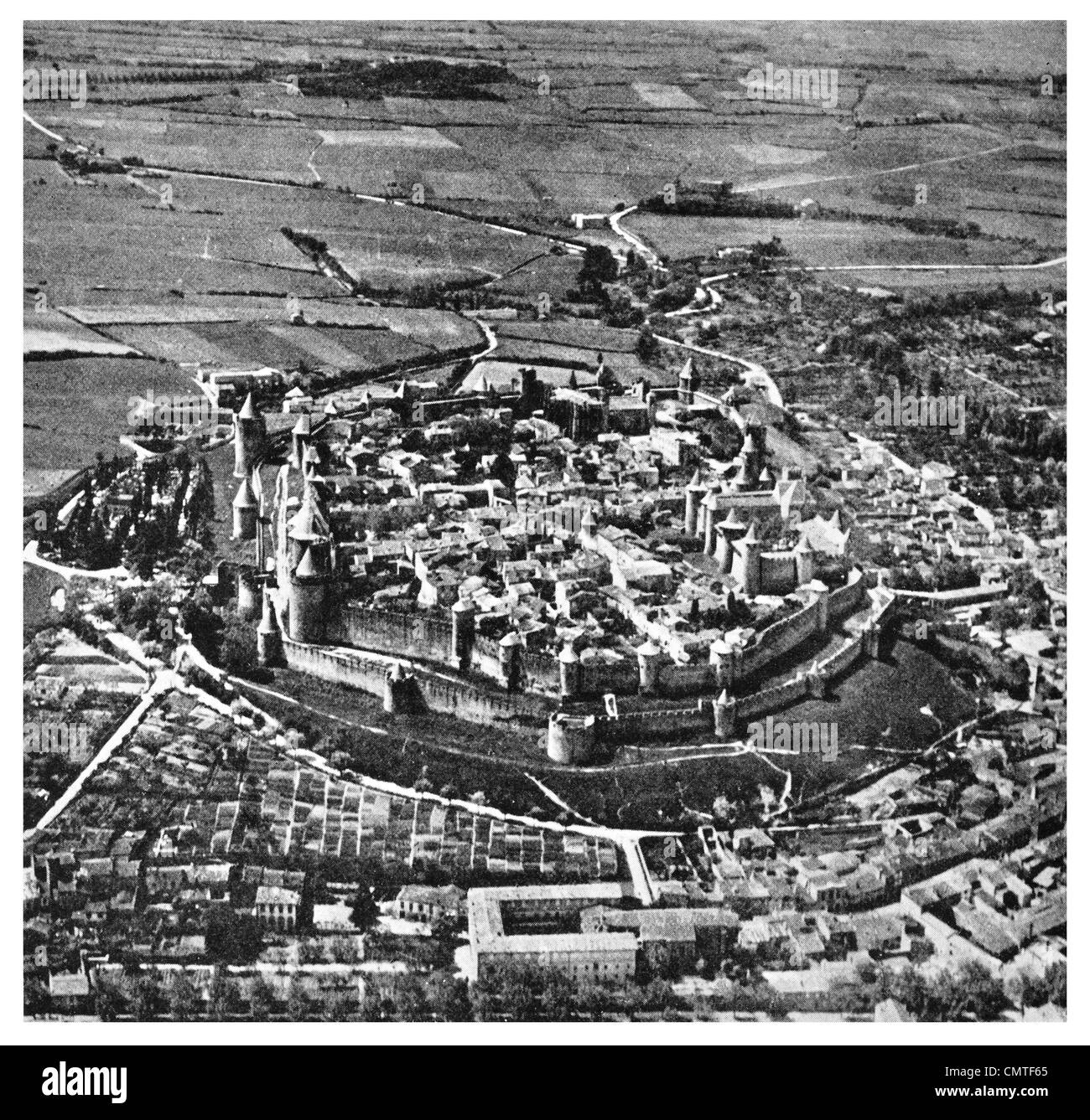 1925 Walled City of Carcassonne  aerial view Stock Photo