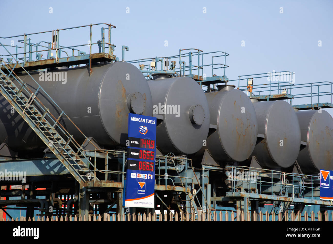 petrol oil and diesel overhead storage tanks at a commercial fuelling