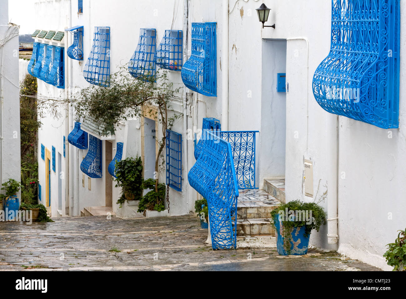Side street in the blue and white village of Sidi Bou Said Tunisia Stock Photo
