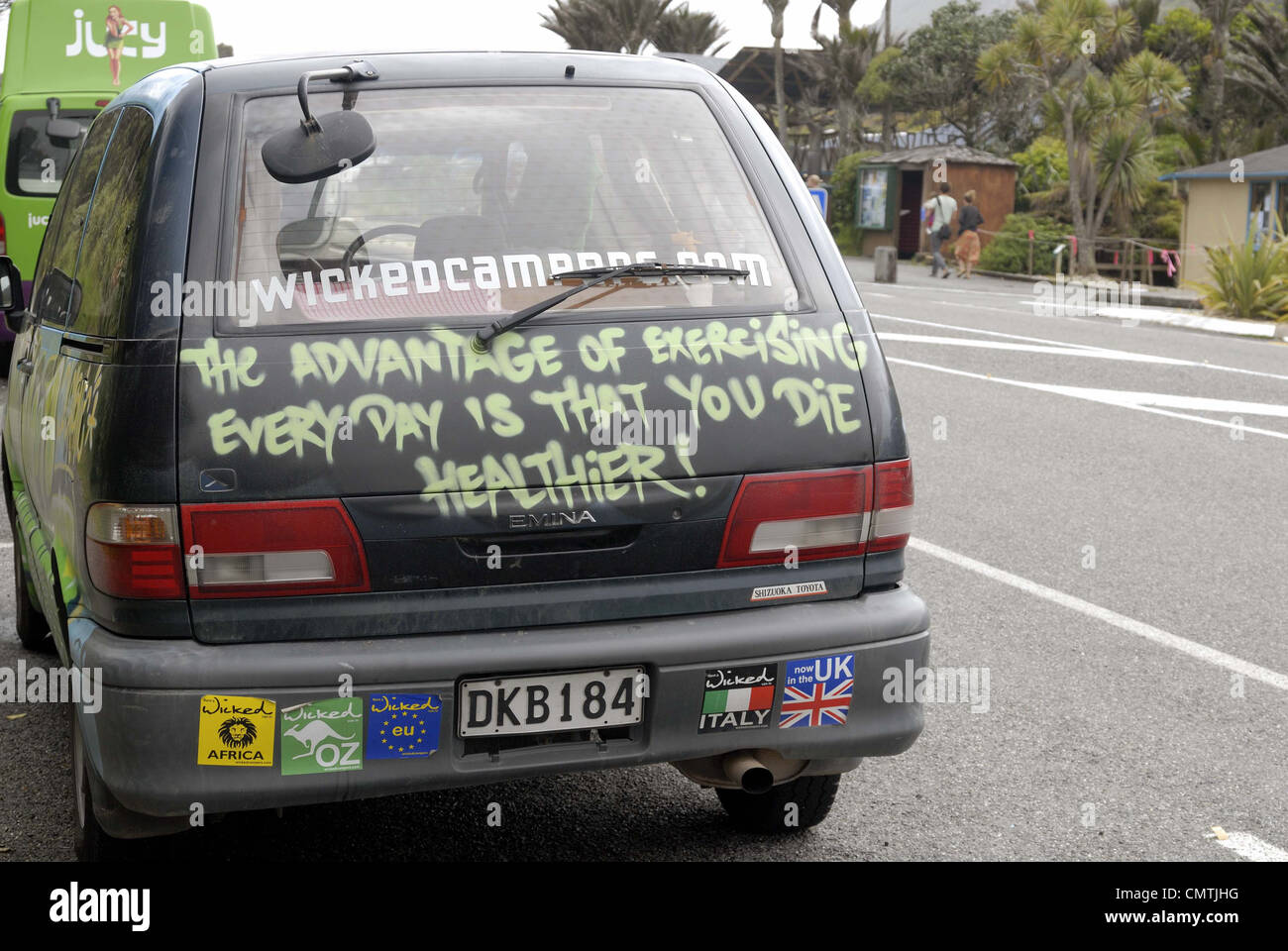 Sign on the back of a car in New Zealand Stock Photo