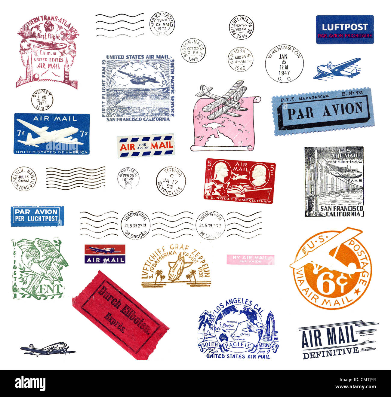 Vintage postage stamps and airmail labels from all over the world Stock Photo