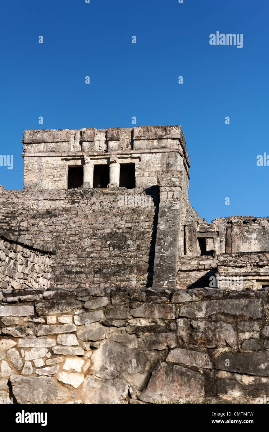 Mayan ruins before a clear blue sky at Tulum, Quintana Roo, Mexico Stock Photo