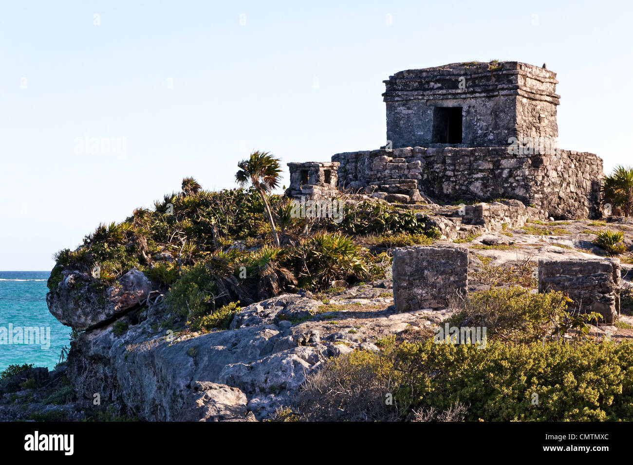 Mayan ruins perched on a cliff above the ocean at Tulum, Quintana Roo, Mexico. Stock Photo