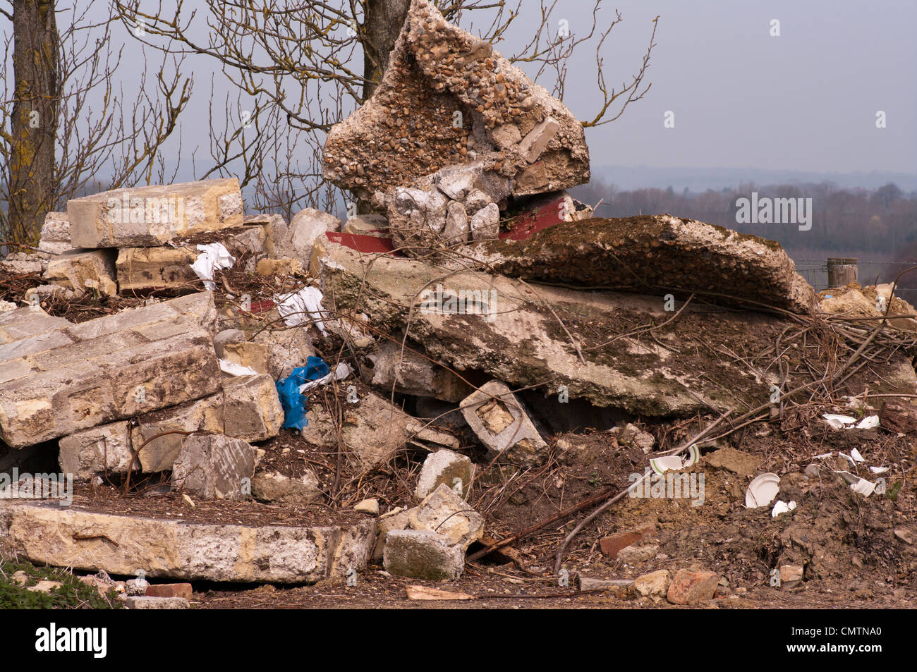 Pile Of Builders Rubble Roadside Fly Tipping Flytipping In The UK Countryside Stock Photo