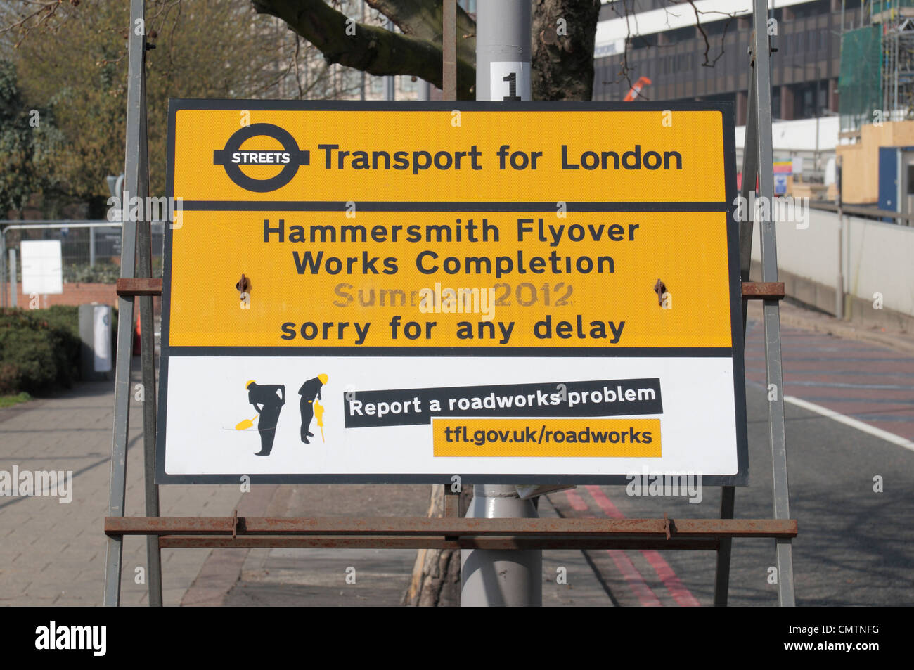 Roadworks sign at the start of the Hammersmith flyover (Talgarth Road (A4)) construction works in Hammersmith, West London, UK. Stock Photo