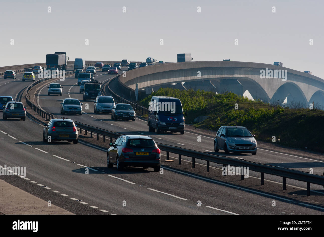 Morning traffic going over the Orwell bridge on A14, Ipswich, Suffolk, England. Stock Photo