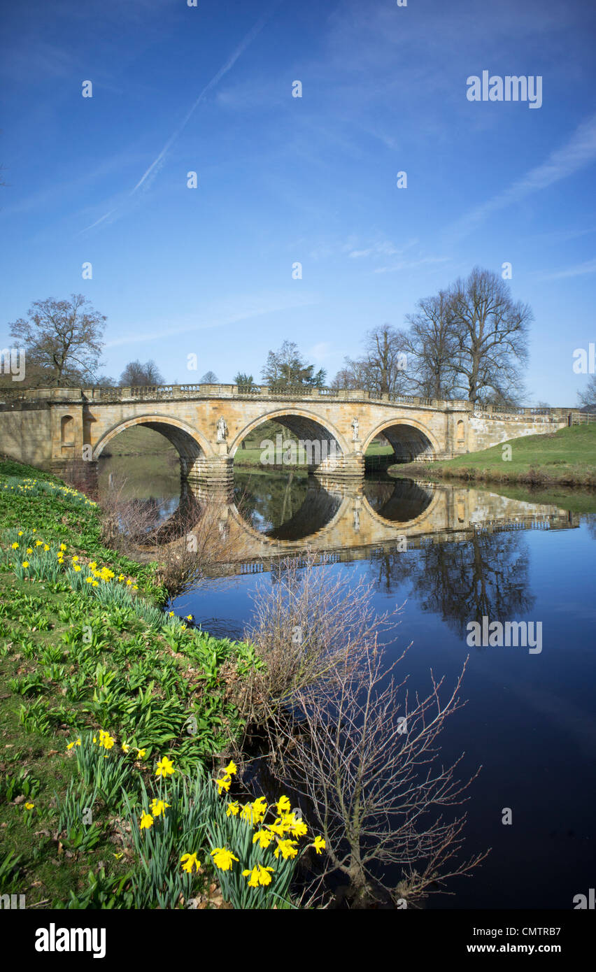 River Derwent and bridge in March at Chatsworth House Stock Photo
