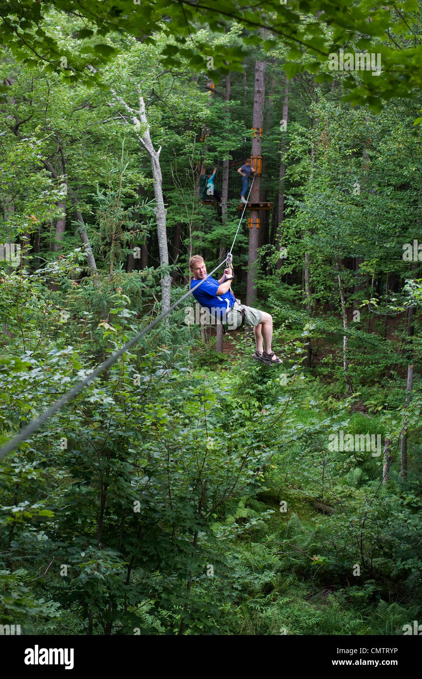 Man on a zip line between trees, Arbres en Arbres, Shawinigan, Quebec Stock Photo