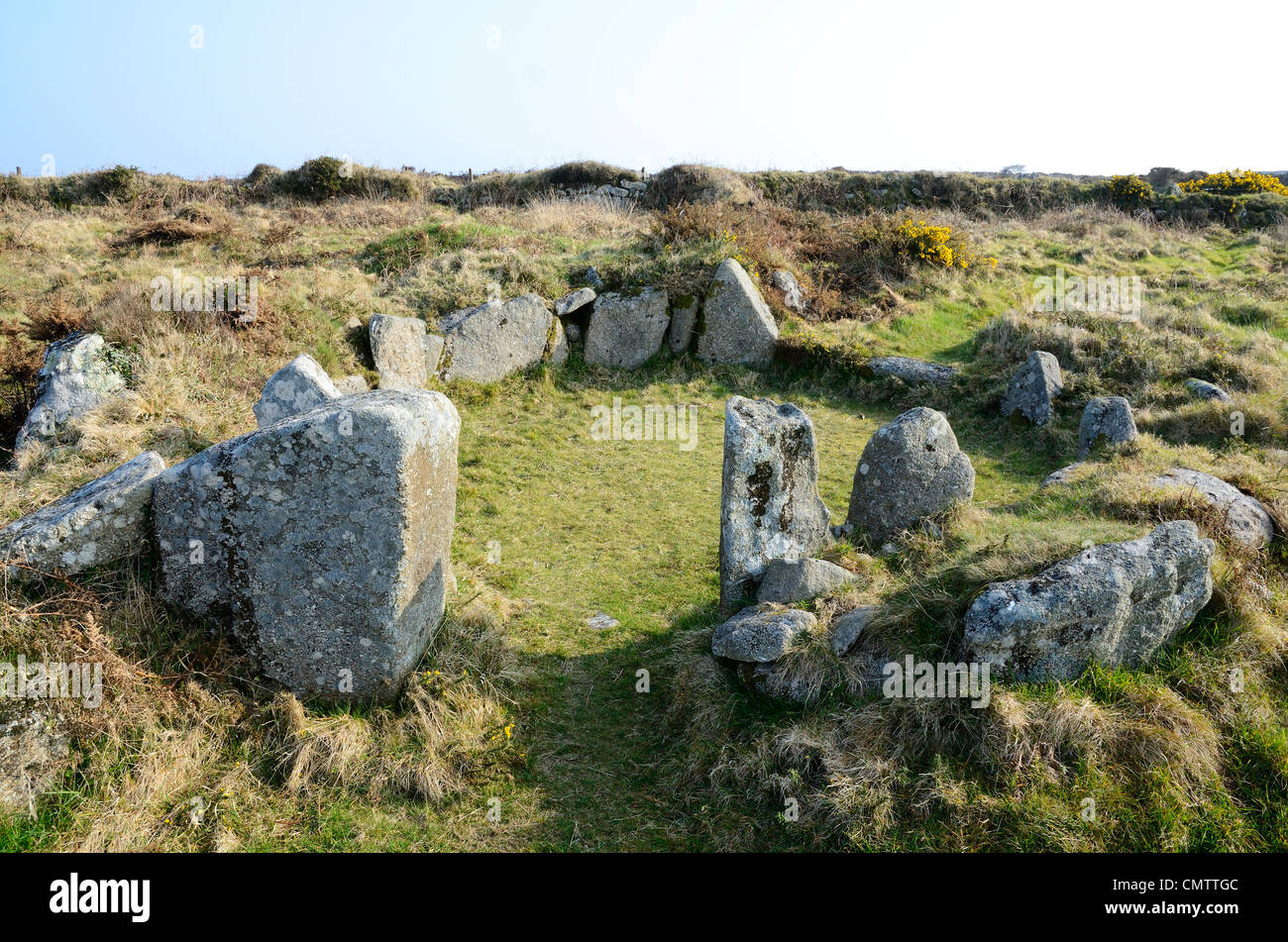 The remains of an iron age roundhouse at Bodrifty near Penzance in Cornwall, UK Stock Photo