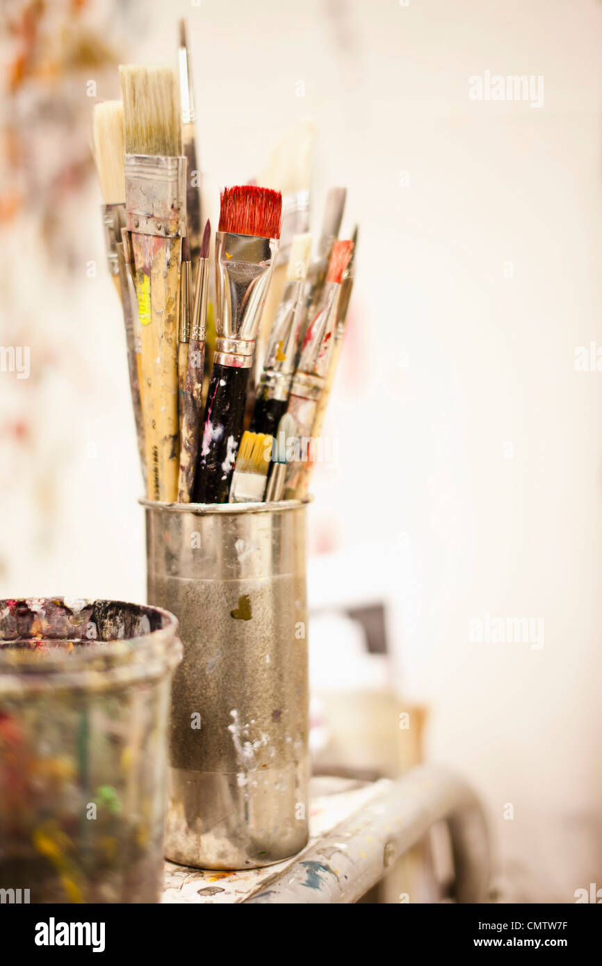 Paintbrushes in artist´s studio Stock Photo Alamy