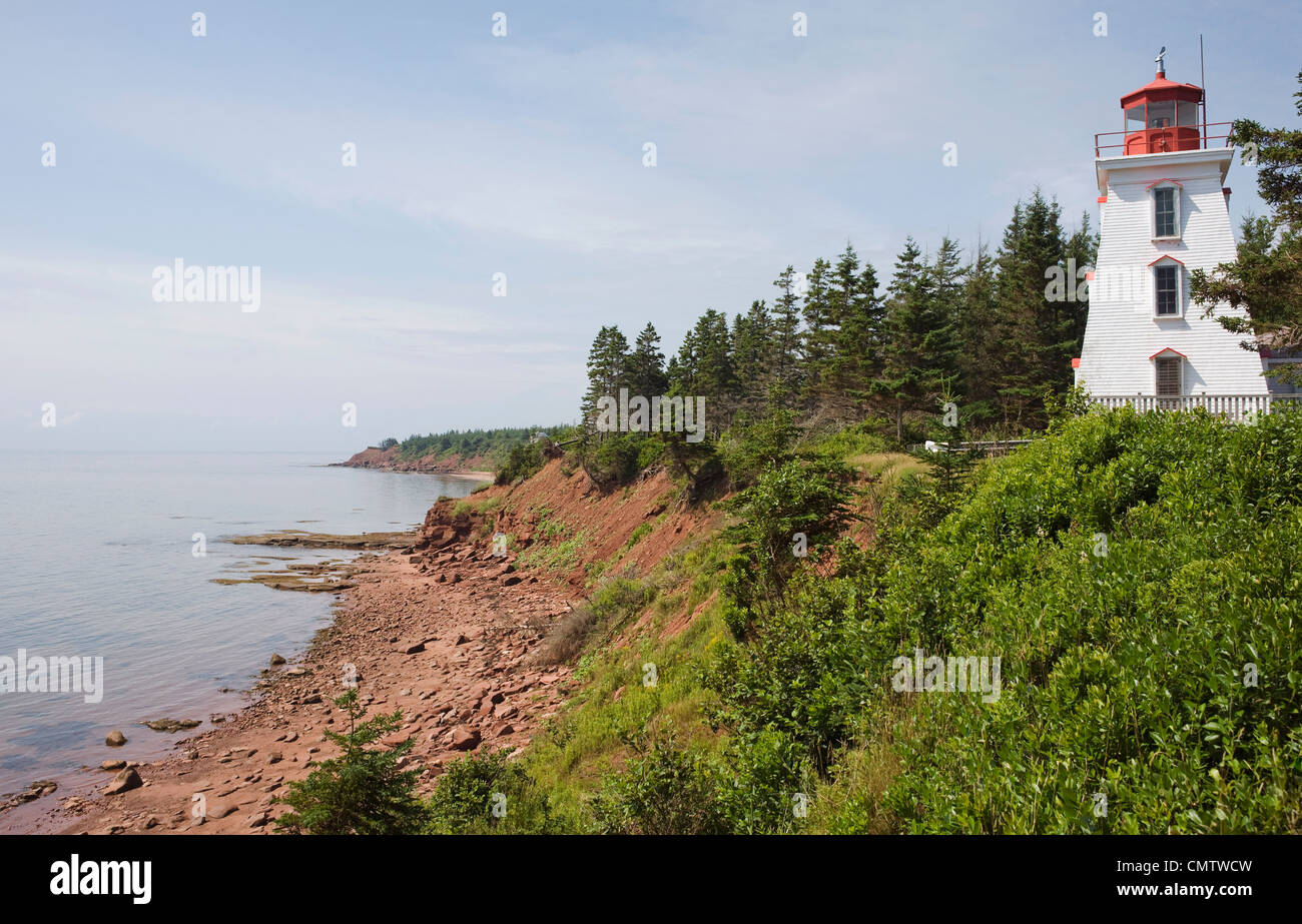 Lighthouse overlooking coastline, Cape Bear, Prince Edward Island Stock Photo