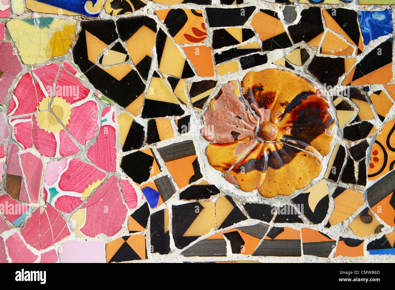 Mosaic art detail by Antonio Gaudi at Parc Guell in Barcelona Stock Photo