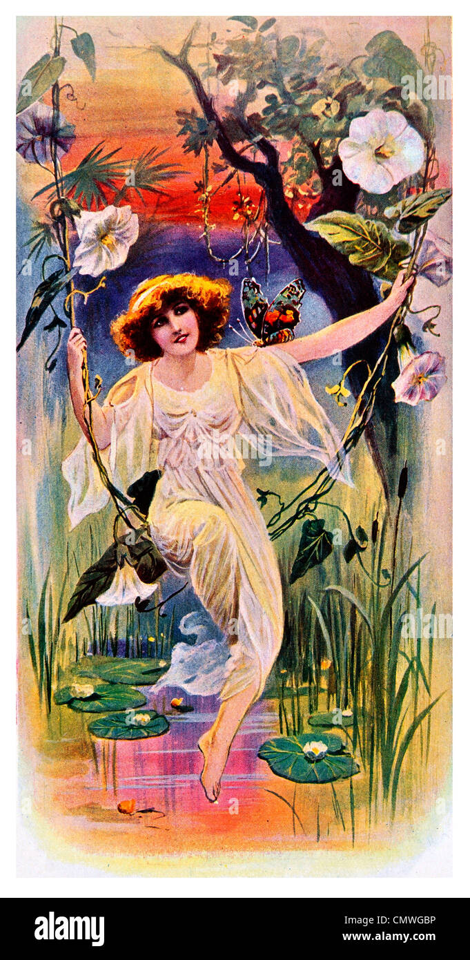 girl on vine swing over lily pond 1900 Stock Photo
