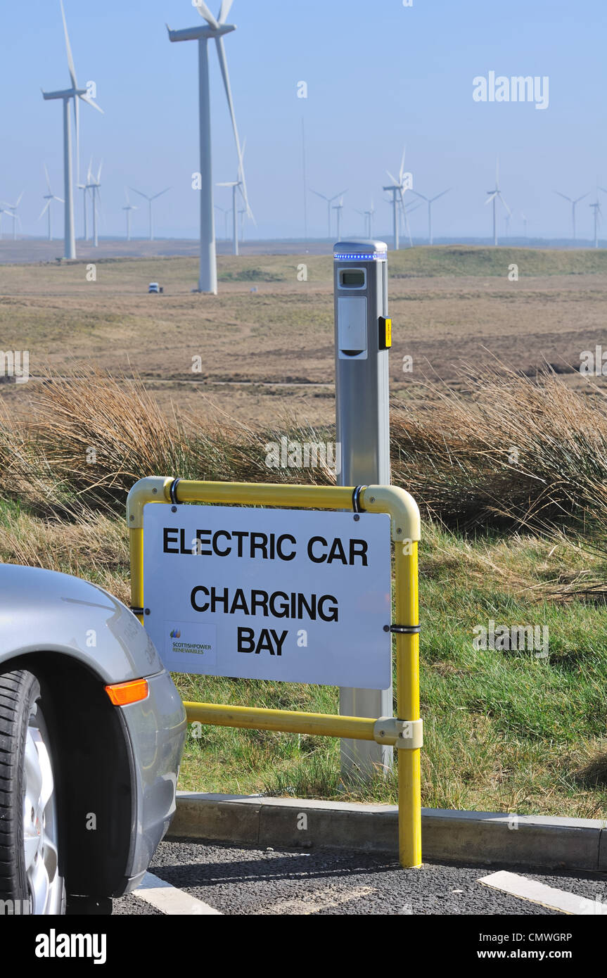 Electric car charging bay with wind turbines of Whitelee in the background Stock Photo