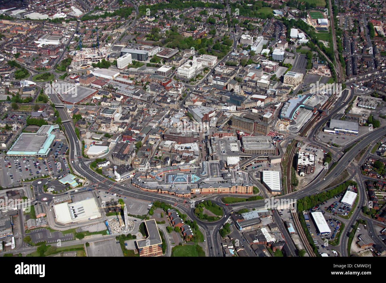 aerial view of Barnsley town centre from the South East Stock Photo
