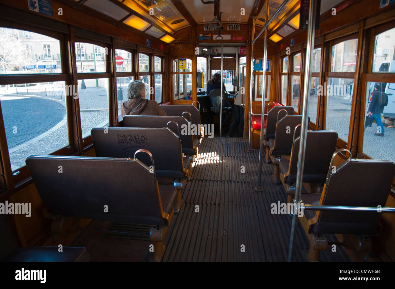 Tram 28 interior Lisbon Portugal Europe Stock Photo
