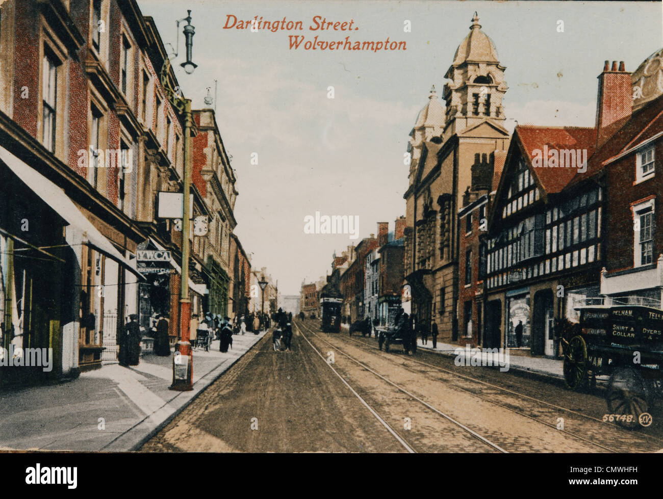 Darlington Street, Wolverhampton, circa 1910. A black and white photograph touched up in colour, of Darlington Street. To the Stock Photo