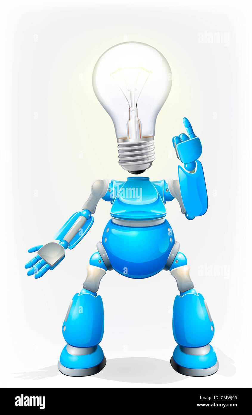 Illustration of a blue robot character with a light bulb for a head Stock  Photo - Alamy