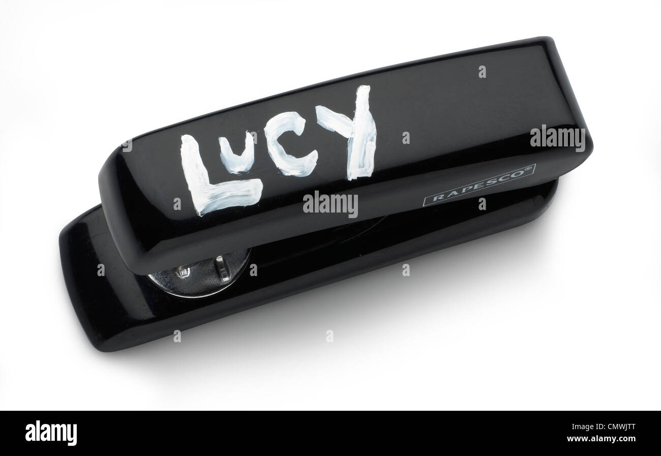 Overhead view of stapler with name Stock Photo