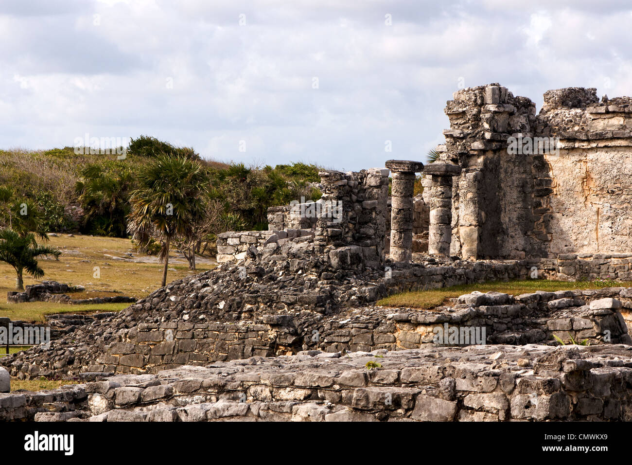Crumbling ruins at the Mayan archaeological zone at Tulum, Quintana Roo, Mexico. Stock Photo
