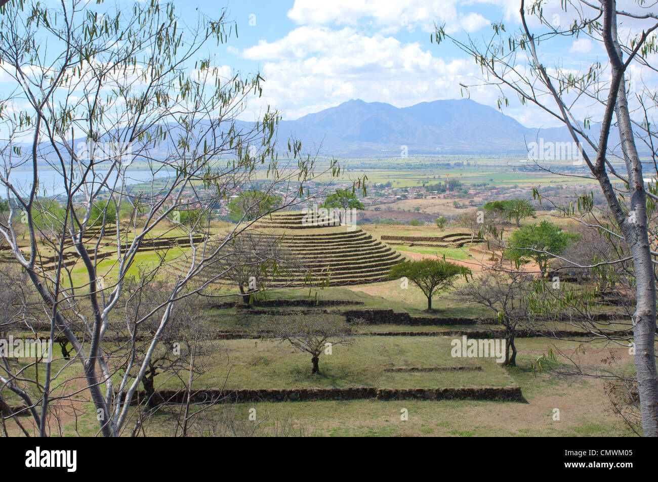 above guachimontones site at teuchitlan mexico with presa la vega lake and sierra madre occidental mountains visible Stock Photo