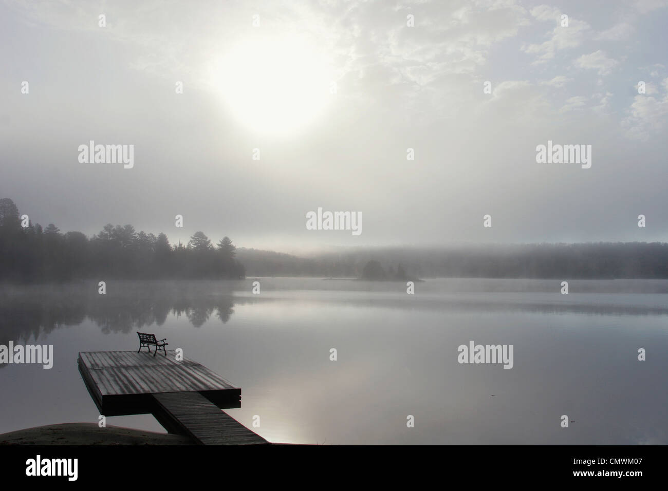 Dock in Morning Fog, Oxtongue Lake, Dwight, Ontario Stock Photo Alamy