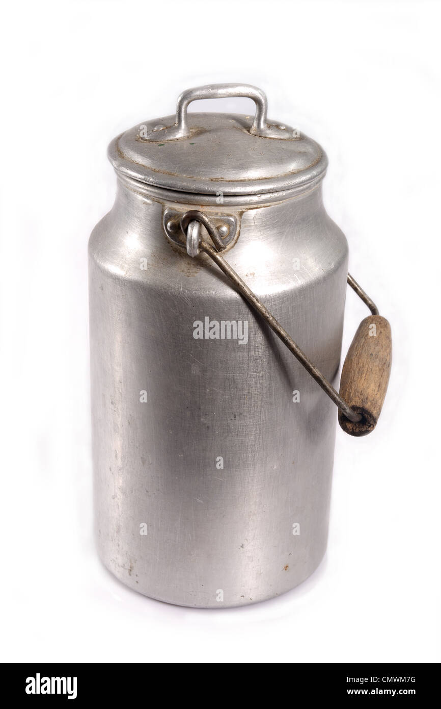 old aluminum milk can on a white background Stock Photo