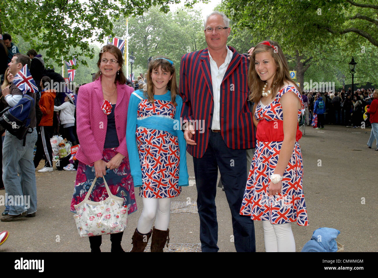 Portrait of a family dressed in union jack clothing, celebrating the wedding of Prince William and Kate. The Mall, London UK Stock Photo
