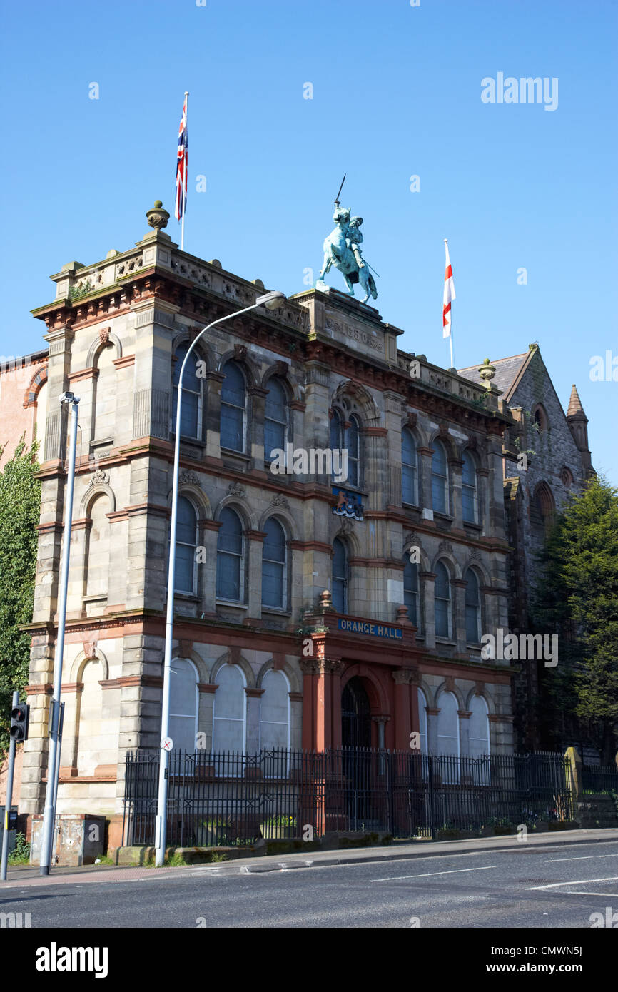 Clifton Street belfast Orange Hall with statue of king william on the top and stone facade Belfast Northern Ireland uk Stock Photo