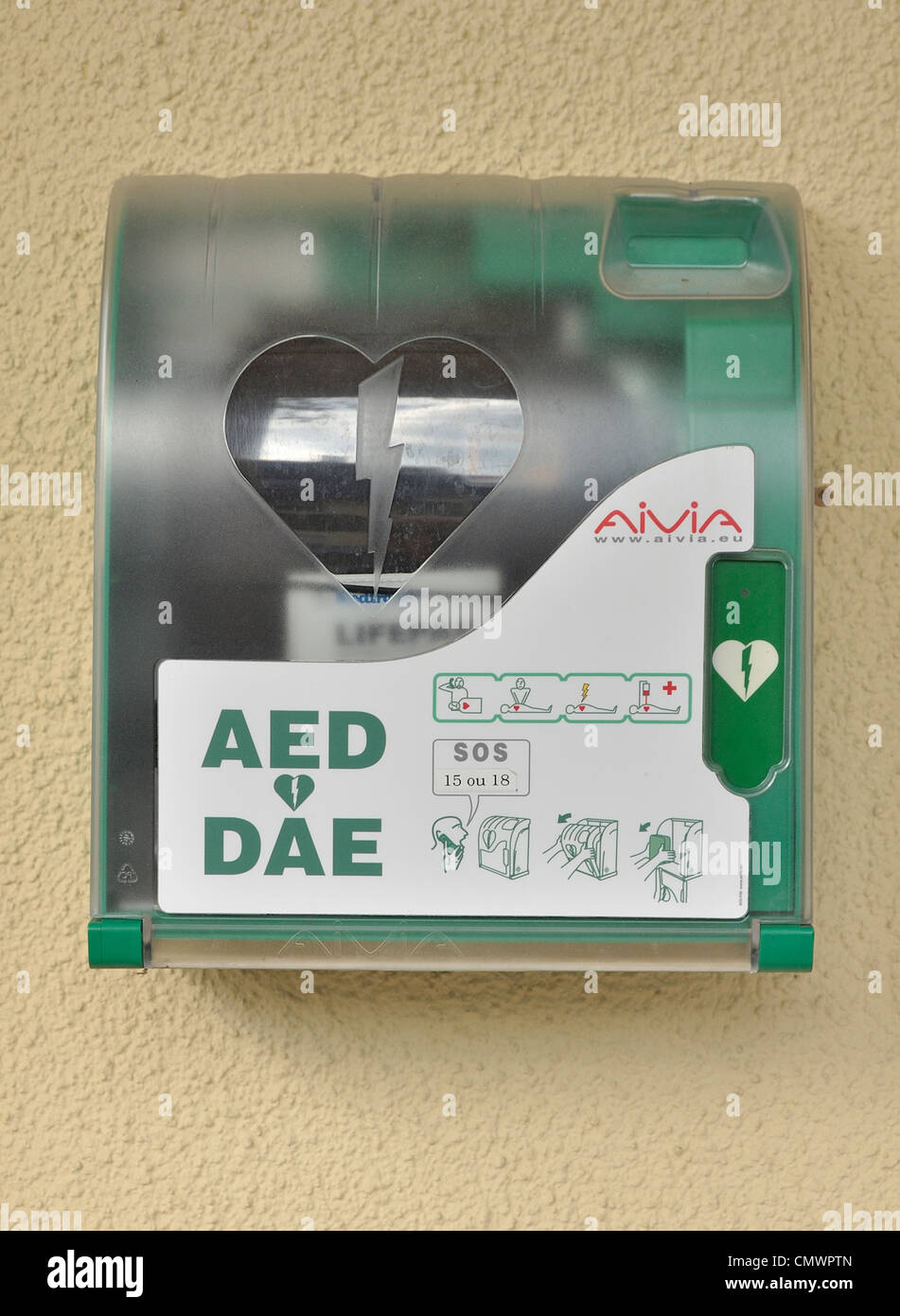 Defibrillator on a public place, equipment is used to analyse the heart rate of a cardiac arrest victim. Stock Photo