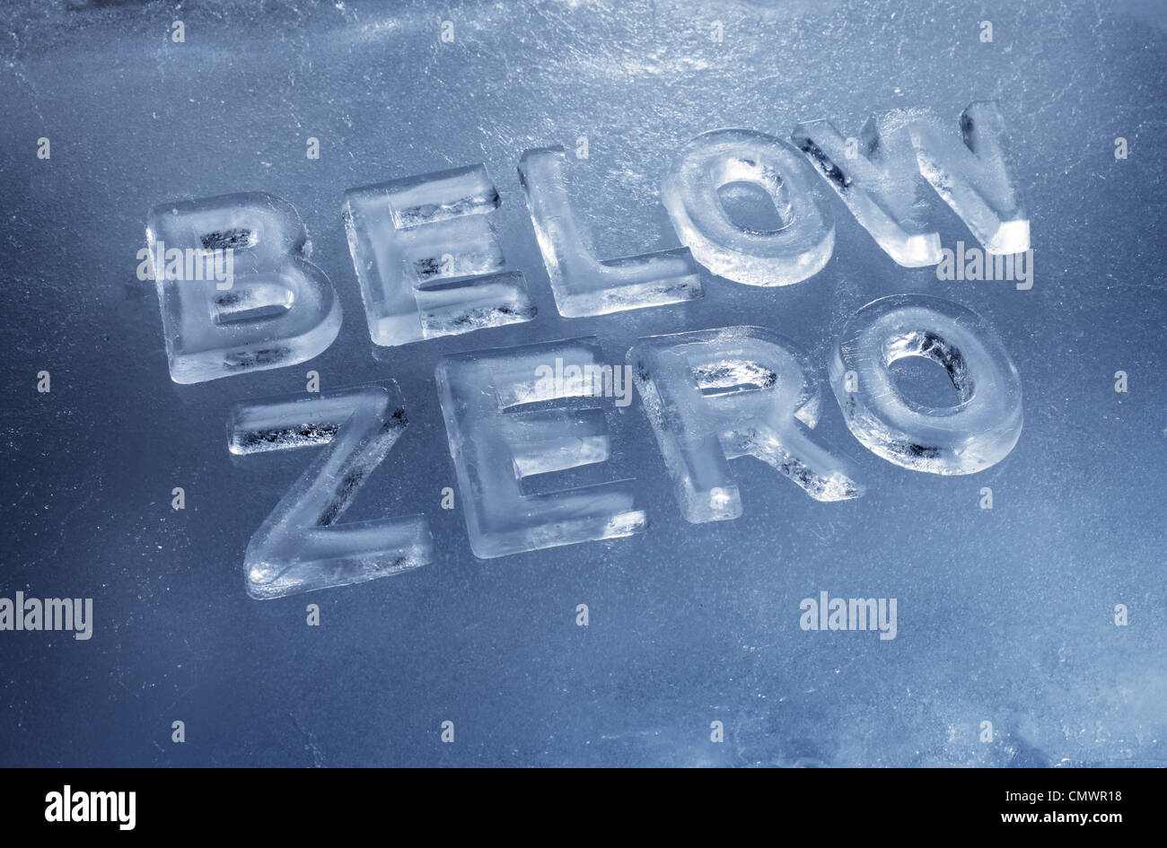 Words Below Zero made of real ice letters. Stock Photo
