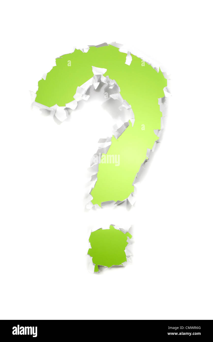 Conceptual image of a hole shaped like a question mark made of torn paper. Stock Photo