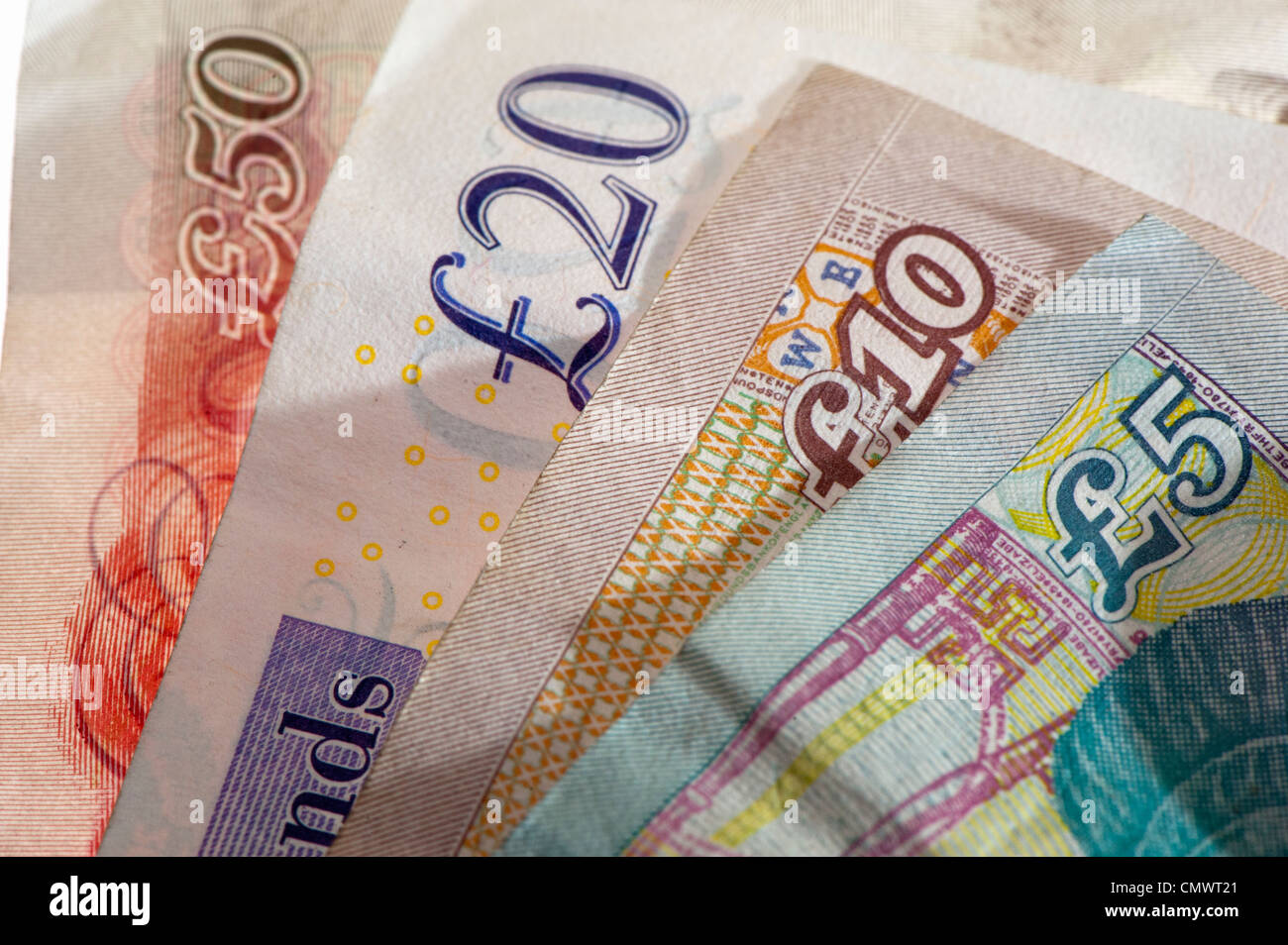 Bank notes and coins of different denominations. British Sterling