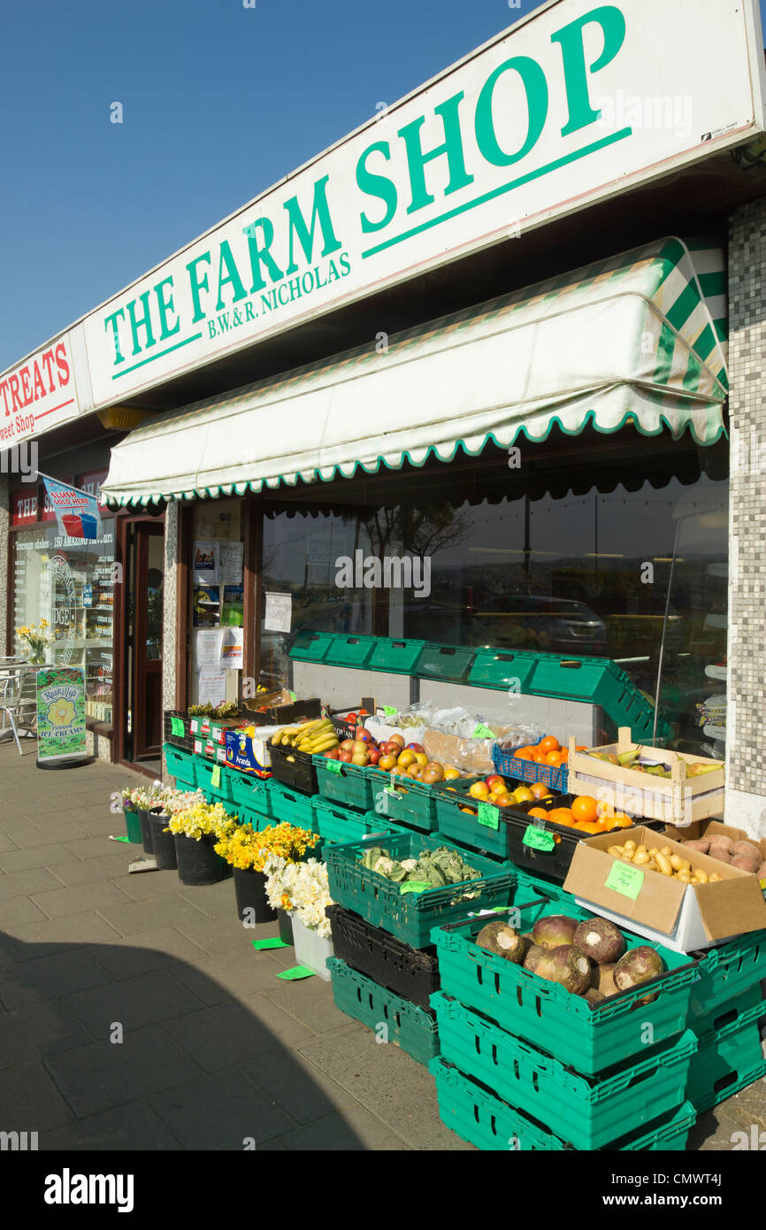 Fruit, vegetables and flowers outside a greengrocer shop in Hayle.  The Farm Shop, B.W. & R. Nicholas. Stock Photo