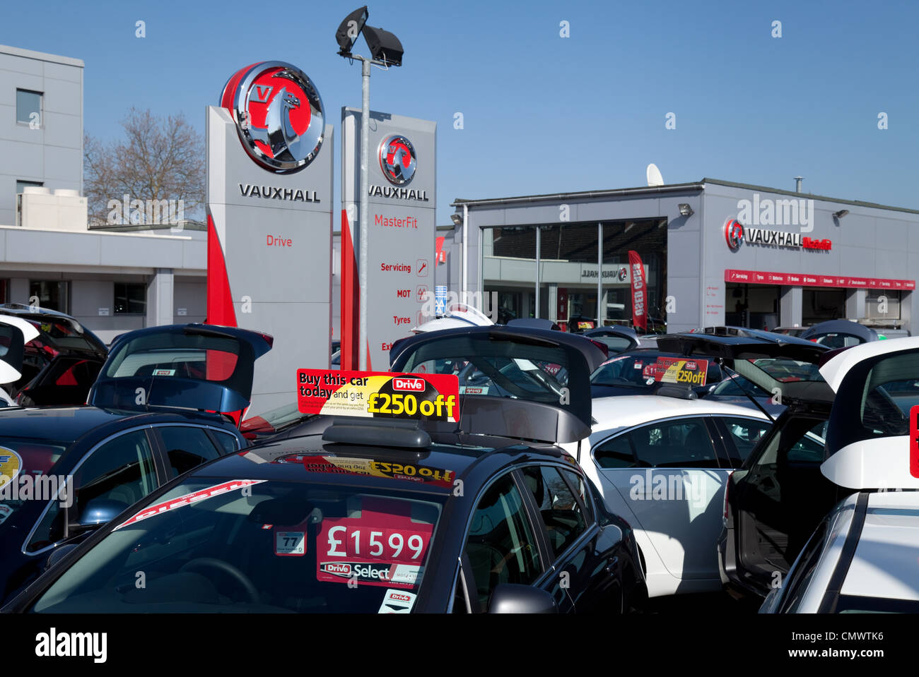New cars for sale at a Vauxhall dealership, Bury St Edmunds Suffolk UK