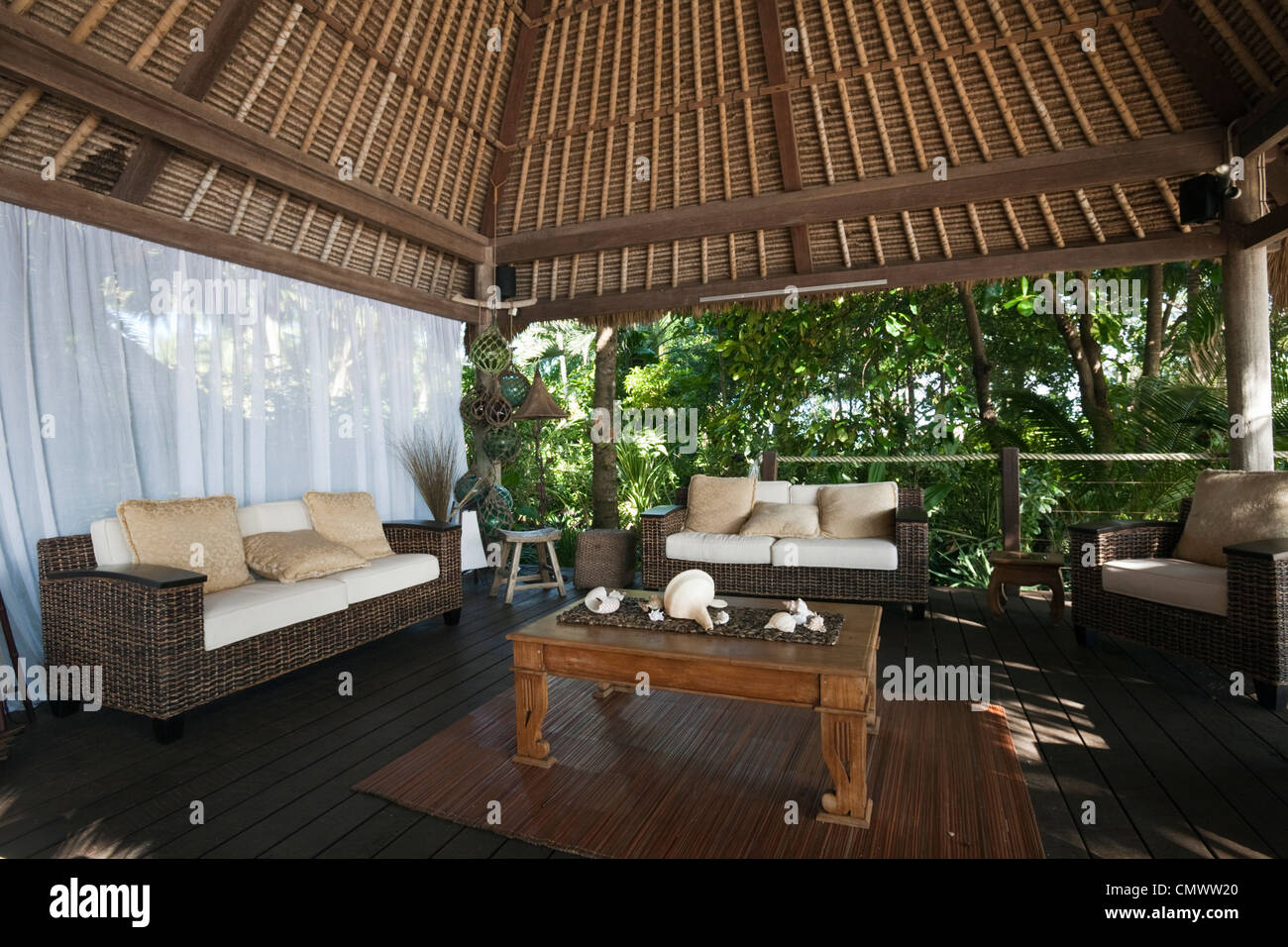 Balinese style hut at Double Island Resort. Palm Cove, Cairns, Queensland, Australia Stock Photo