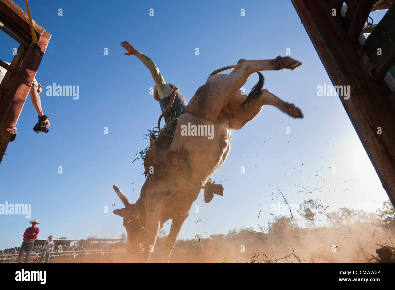 Low angle view of bull rider entering arena.  Mt Garnet Rodeo, Mt Garnet, Queensland, Australia Stock Photo