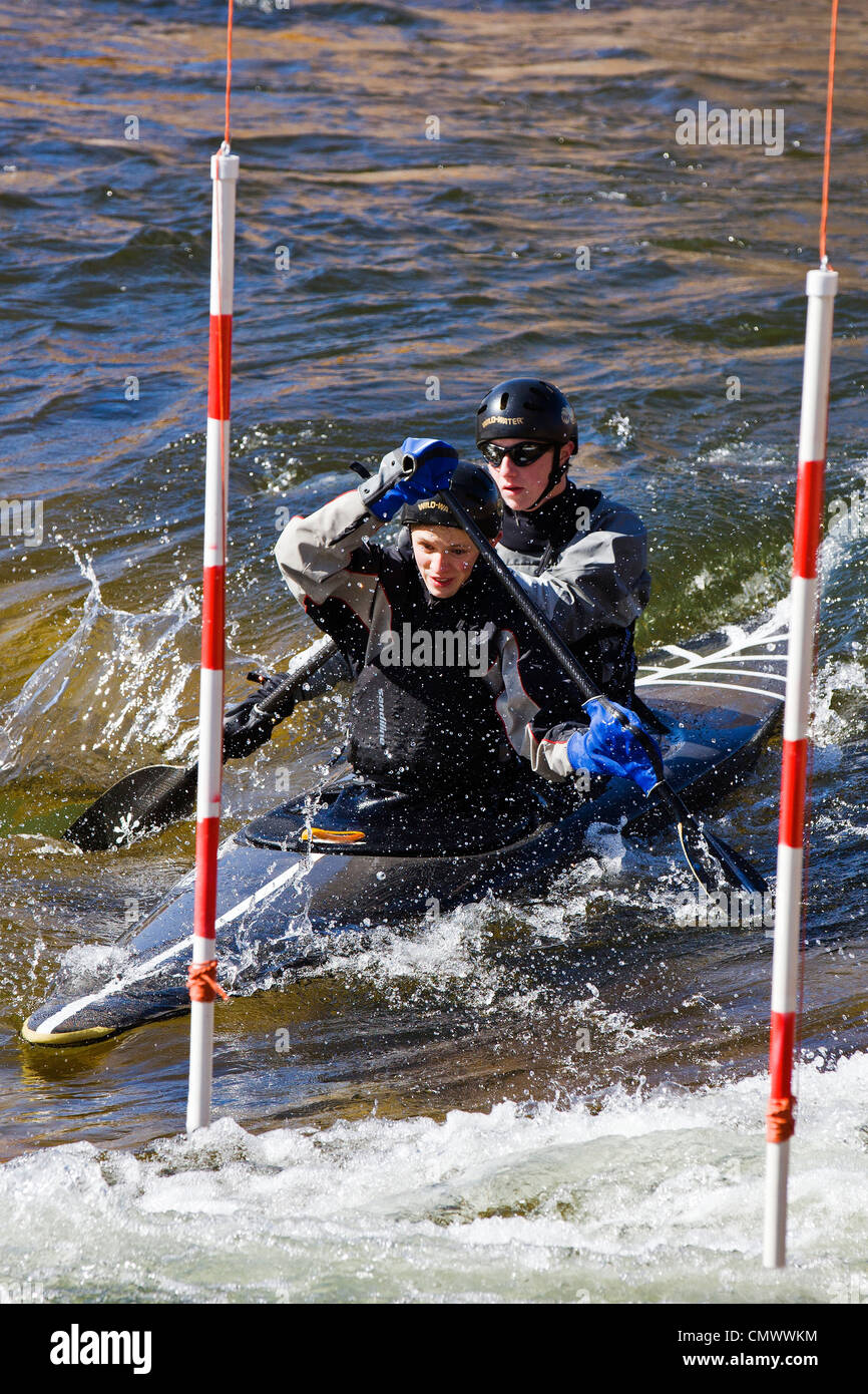 Tandem whitewater kayak slalom racers, Arkansas River, Salida, Colorado, USA Stock Photo