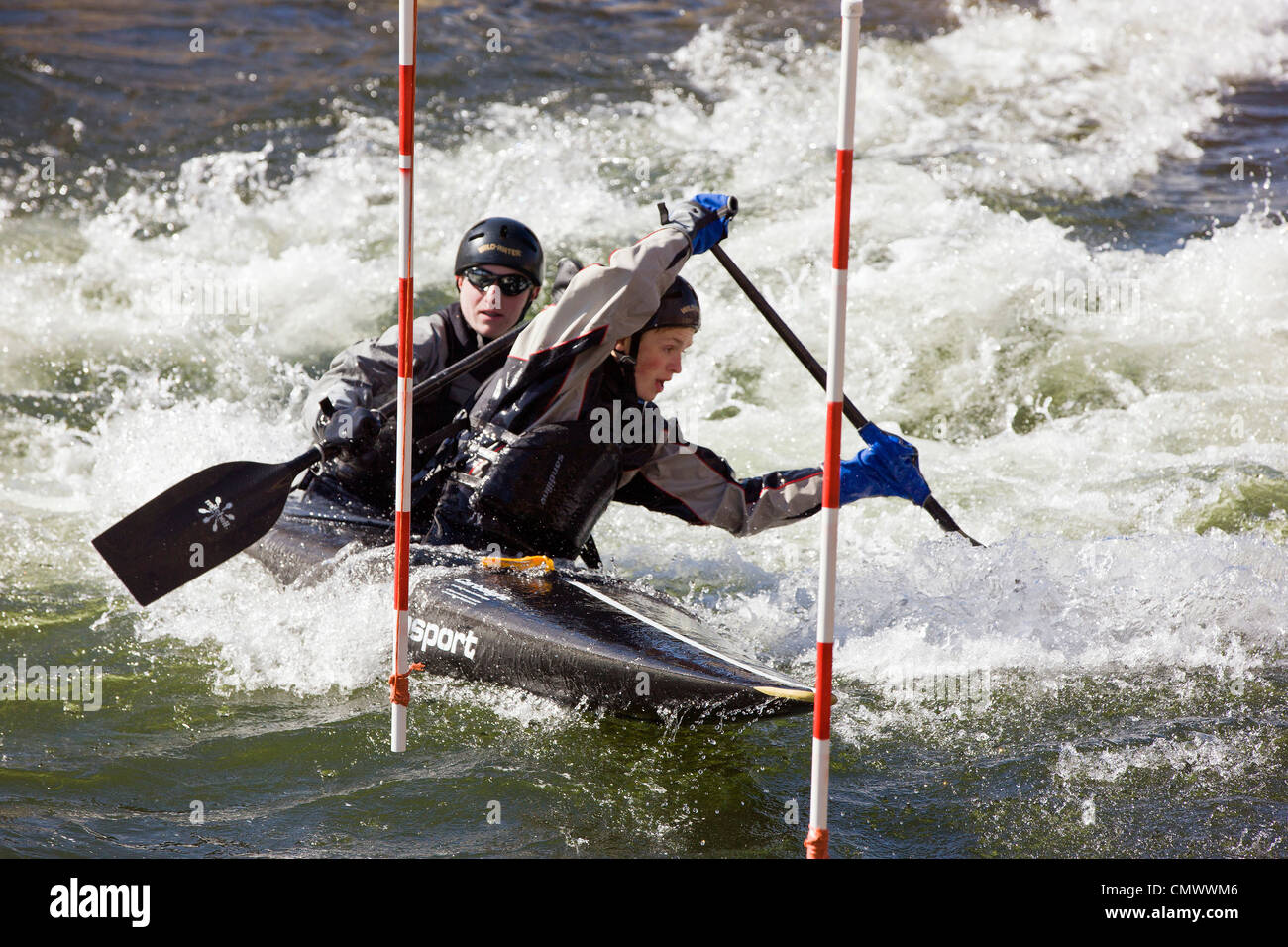 Tandem whitewater kayak slalom racers, Arkansas River, Salida, Colorado, USA Stock Photo