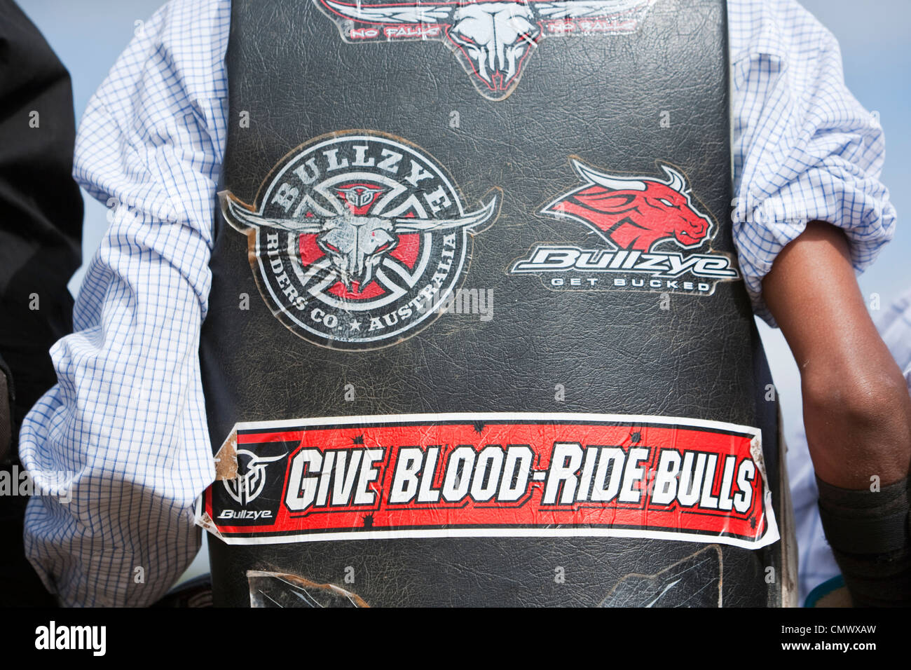 Bullrider's vest decorated with stickers. Mareebaa Rodeo, Mareeba, Queensland, Australia Stock Photo