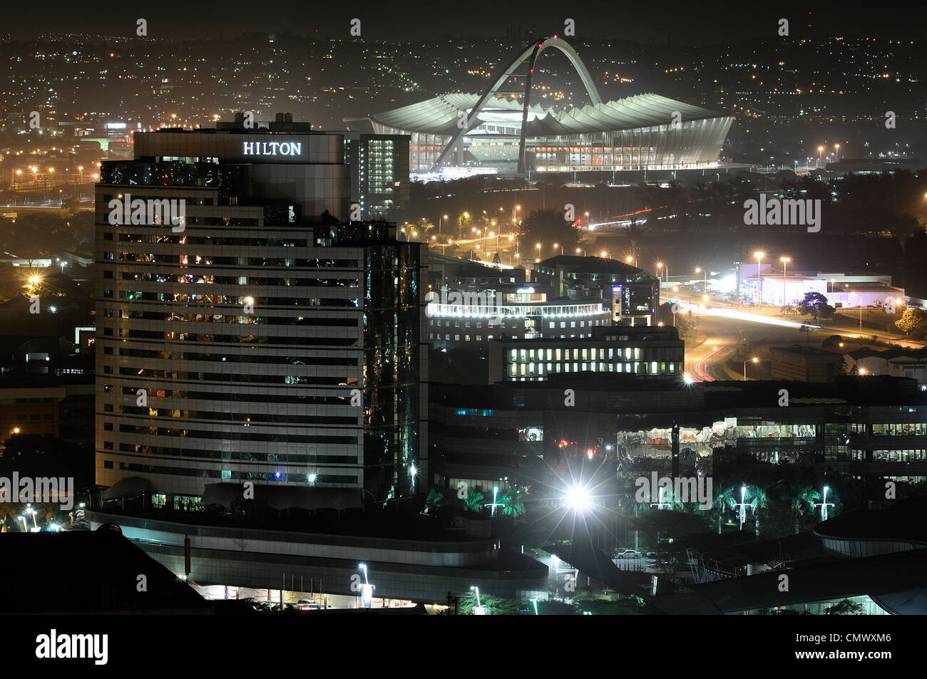 View of Durban's Hilton Hotel & Moses Mabhida stadium at night Stock Photo