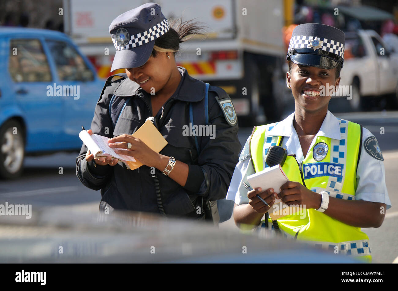 Durban Metro Policewomen handing out parking fines in the CBD Stock Photo