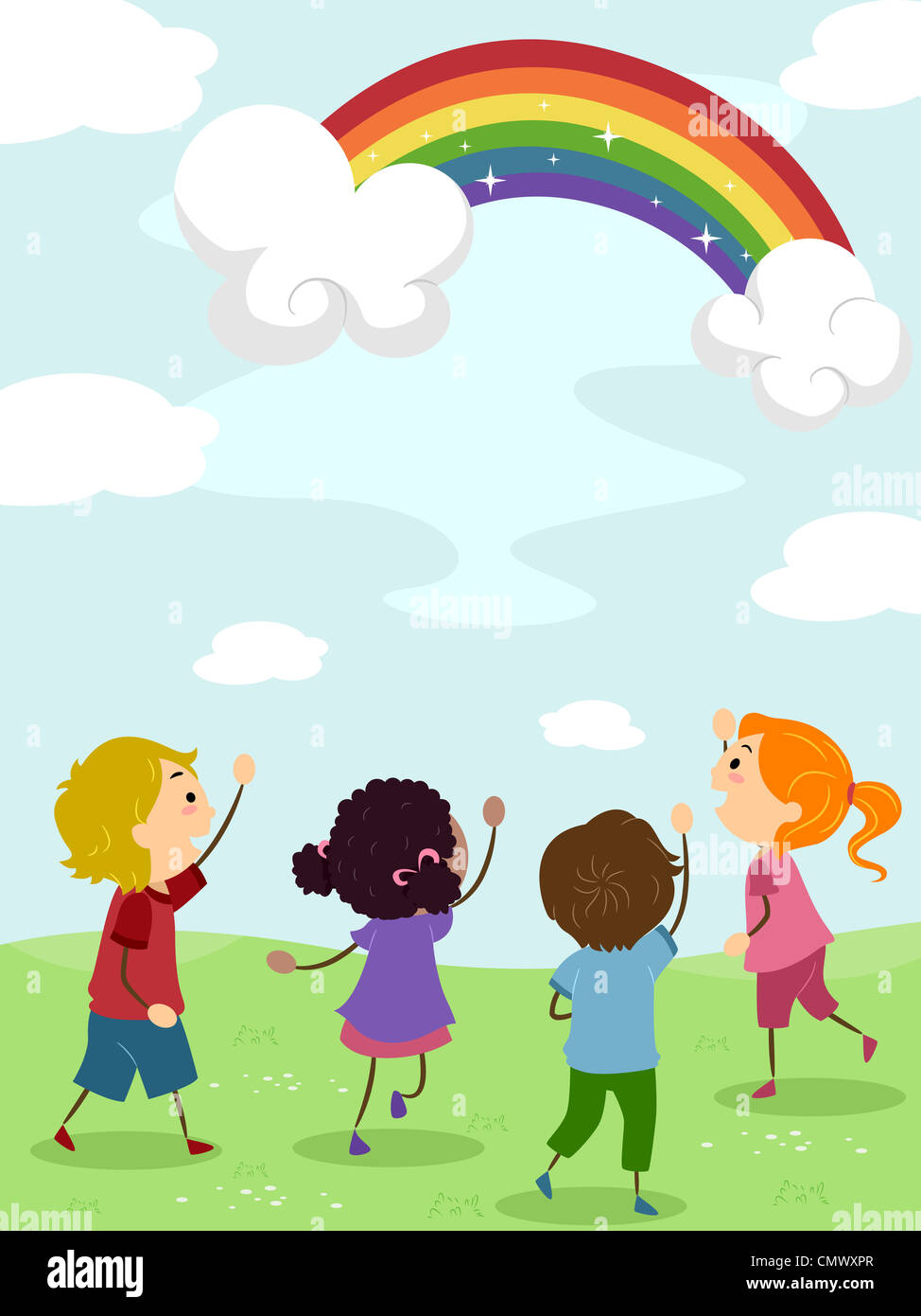 Illustration of Kids Admiring a Rainbow Stock Photo - Alamy