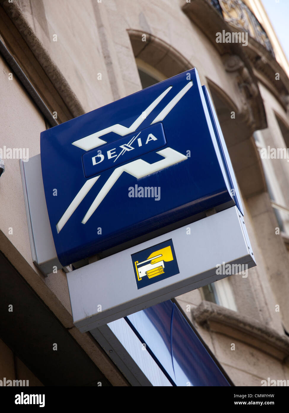 Sign with logo of the Belgian Dexia bank. Brussels, Belgium Stock Photo