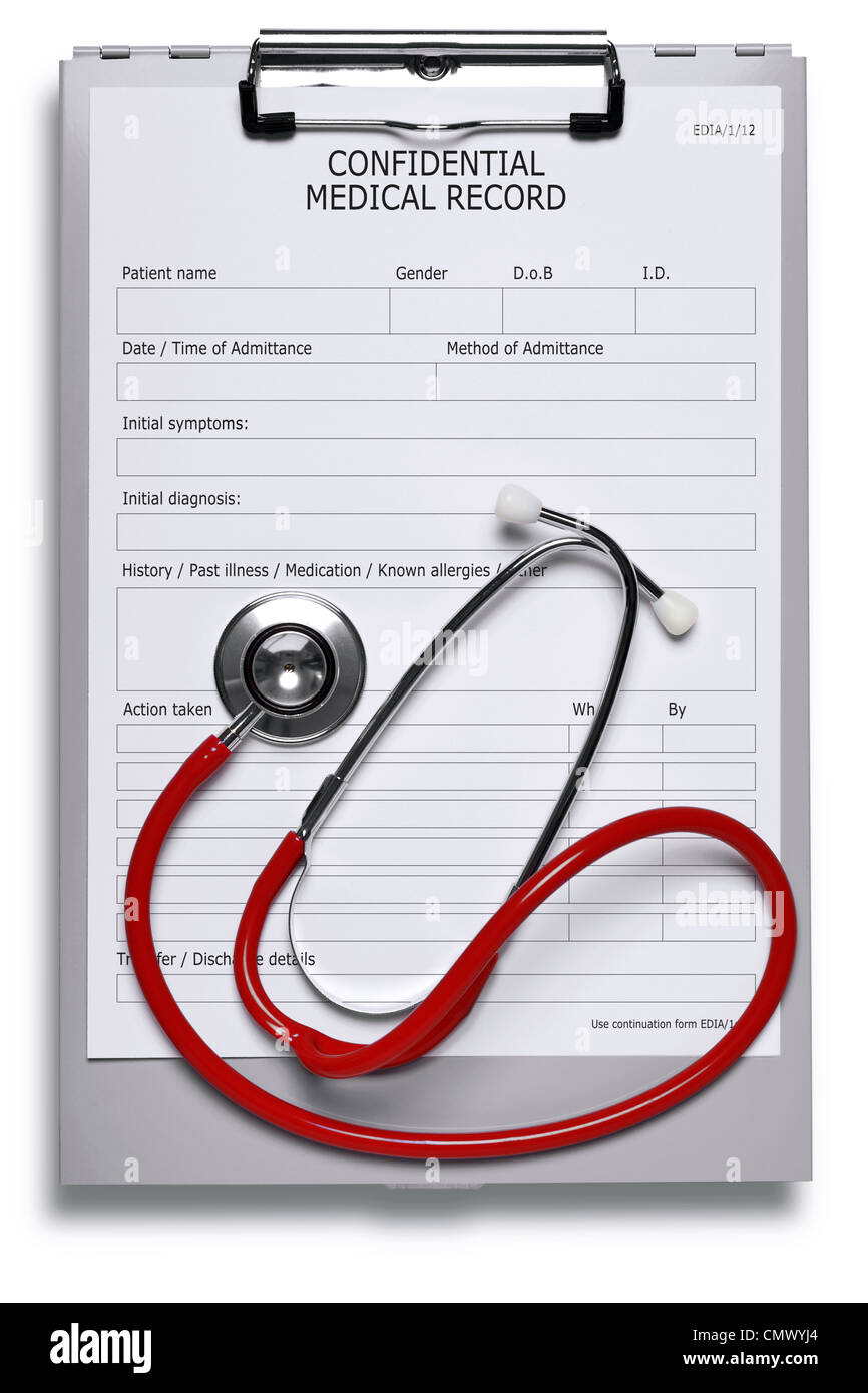 Photo of a blank medical record on metal clipboard and red stethoscope isolated on white with clipping path included. Stock Photo