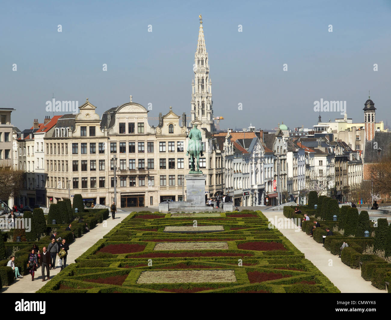 the Kunstberg park with people walking and relaxing with the city centre in the background, Brussels, Belgium Stock Photo