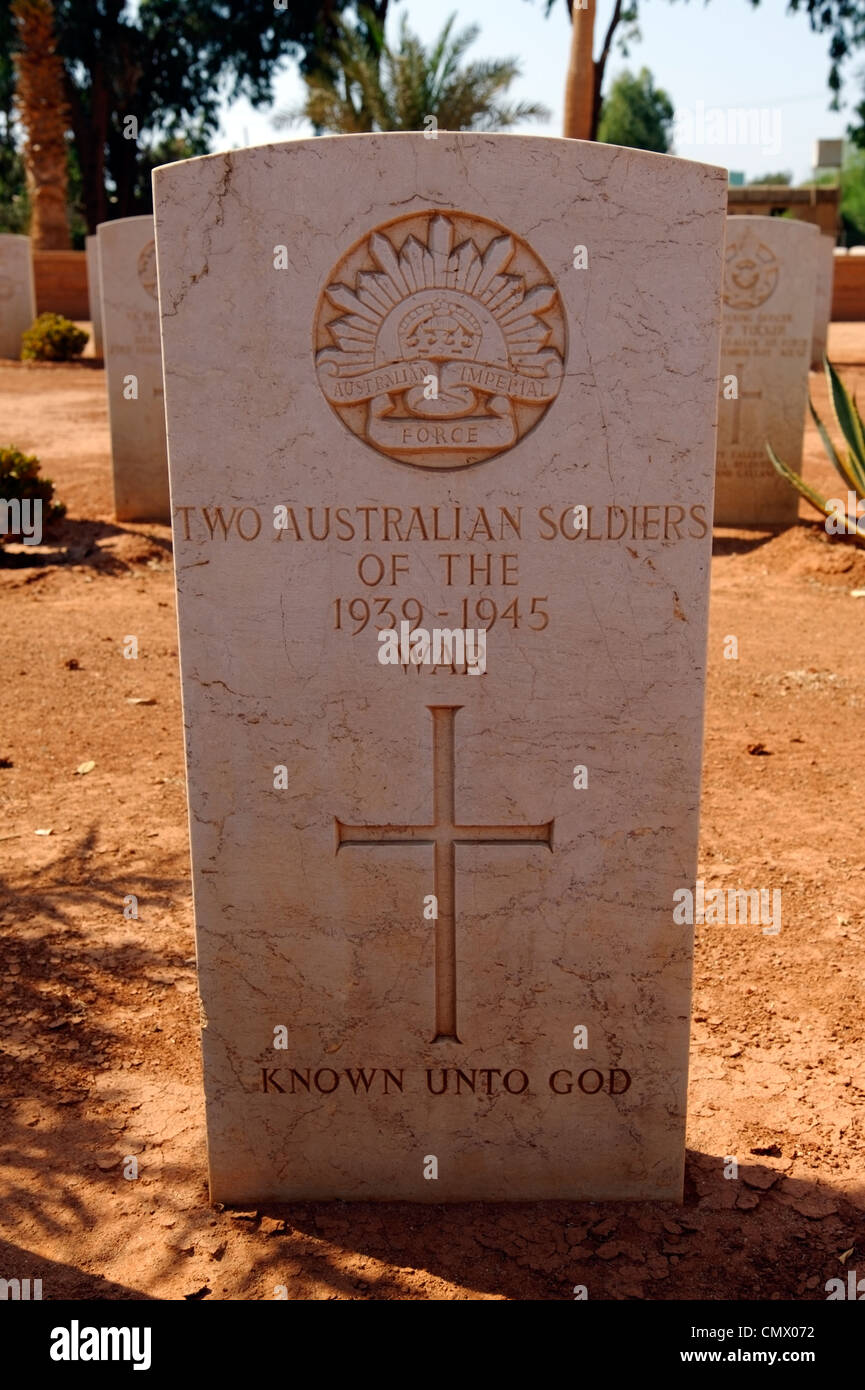 Benghazi. Cyrenaica. Libya. Tombstone and grave of two soliders from the Australian Imperial Forces at the Commonwealth war Stock Photo