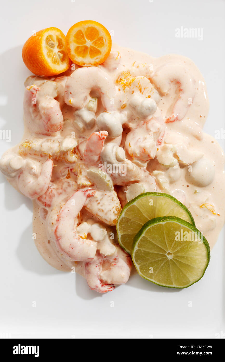 Garnished shrimp cocktail in plate Stock Photo